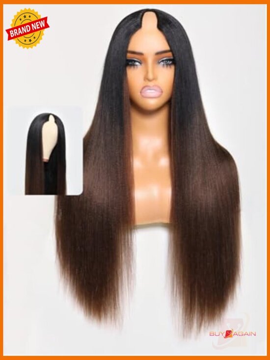Human Hair V Part Wig Yaki Straight EasiContour Glueless 22 Inch 150% Density
